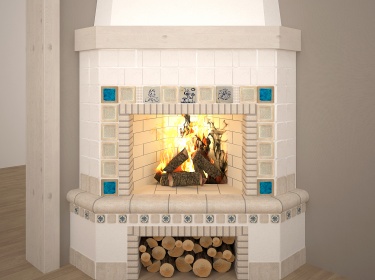 Оригинально украсить камин можно с помощью керамического шамотного декора со стеклом.